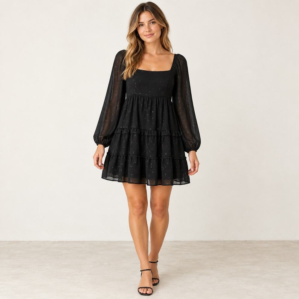Black Long Sleeve Mini Dress Juniors XS Rewind Ruffle Tiered NWT